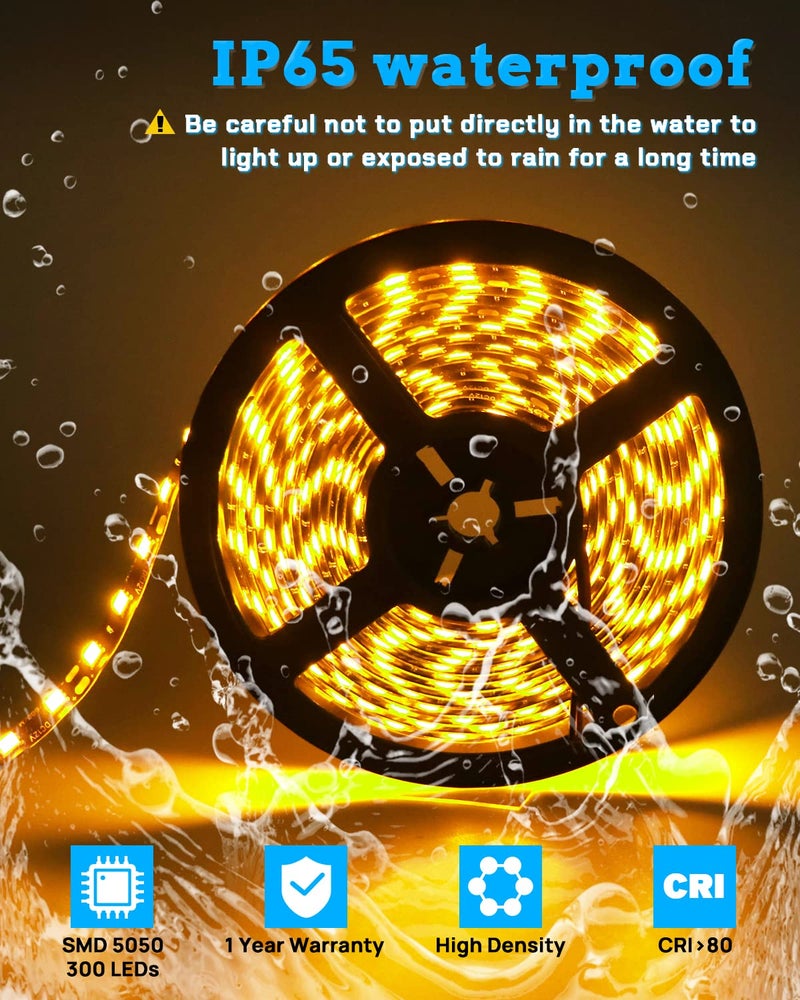 Qoope Yellow 16.4ft LED Strip Lights, Flexible 5M 300SMD Warm White LED Tape Lights, Waterproof 12V Rope Lights for TV Backlight, Cabinet, Kitchen, Cuttable LED Indoor Outdoor Christmas Decoration - Image 3